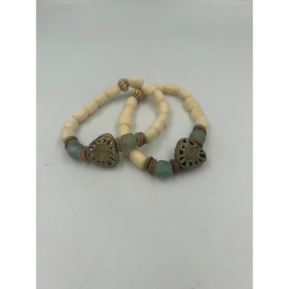 Theodosia Boho Beaded Bracelet Stack Cream Sea Green Glass Brass Heart Charm 2pc